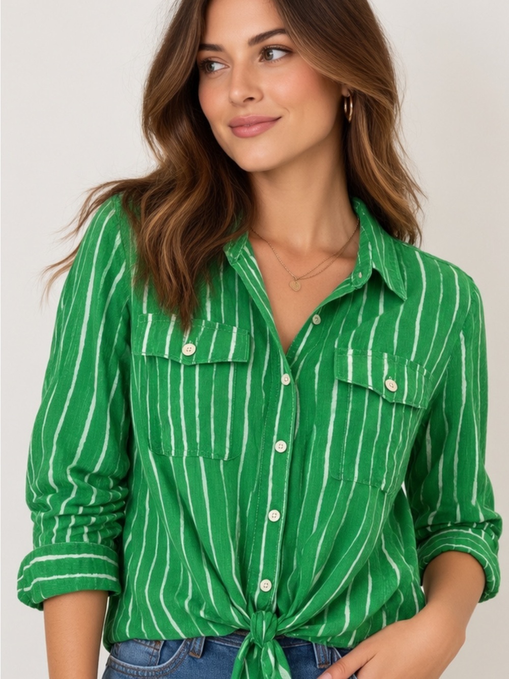 Lauren Ralph Lauren PM Green White Striped Tie Front Button Up Shirt Long Sleeve